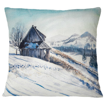 Winter Mountains Watercolor Landscape Painting Throw Pillow, 18"x18"