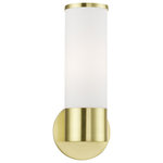 Livex Lighting - Lindale 1 Light Satin Brass ADA Single Sconce - Add a dash of character and radiance to your home with this wall sconce. This single-light fixture from the Lindale Collection features a satin brass finish with a satin opal white glass. The clean lines of the back plate complement the cylindrical glass shade adorned with detailed trim on top creating a minimal, sleek, urban look that works well in most decors. This fixture adds upscale charm and contemporary aesthetics to your home.