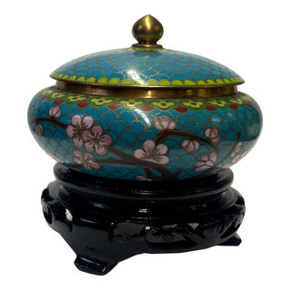 Chinese Teal Turquoise Metal Cloisonné Blossom Flower Theme Round Box ...