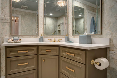 Bathroom - ceramic tile, multicolored floor, single-sink and wallpaper bathroom idea in Dallas with multicolored walls, an undermount sink, a hinged shower door, white countertops and a freestanding vanity