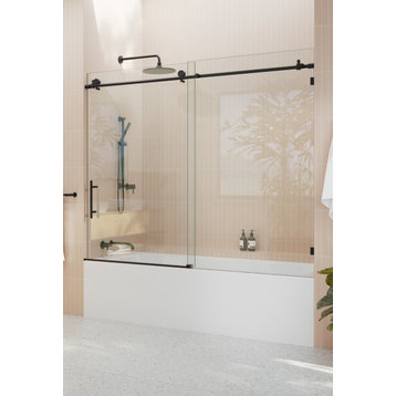 68-72"x60" Frameless Bath Tub Sliding Shower Door, Matte Black