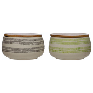 Stoneware Canister With Pattern and Bamboo Lid, 2-Piece Set