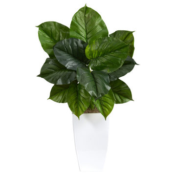 34" Large Philodendron Leaf Artificial Plant, White Metal Planter