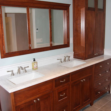 Stained red birch double vanity, hutch, and double medicine cabinet