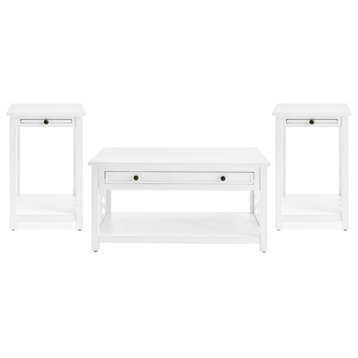 Coventry Wood Coffee Table and Two End Tables with Tray Shelf - White