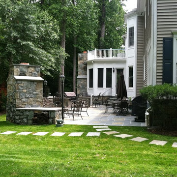 Modern Landscape Design - Backyard Fireplace, Kitchen and Screened In Porch