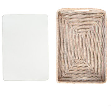 Rectangular Tray With Glass Insert, White Wash, 14"x10"x1"
