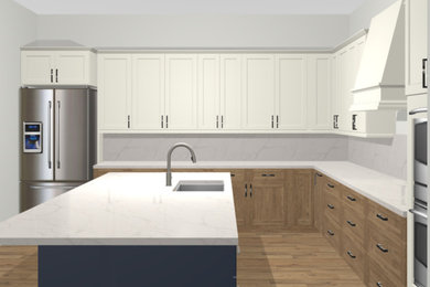 Example of a transitional l-shaped laminate floor and brown floor eat-in kitchen design in Other with an undermount sink, shaker cabinets, beige cabinets, quartz countertops, white backsplash, quartz backsplash, stainless steel appliances, an island and white countertops