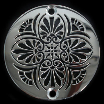 3.25 Inch Round Shower Drain, Greek Anthemion Design by Designer Drains, Polished Stainless Steel