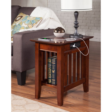 Afi Mission Solid Hardwood Side Table With USB Charger Set of 2 Walnut