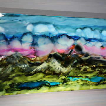 Cloudland - Blue, Green and Pink Abstract Painting, Mountainside Landscape