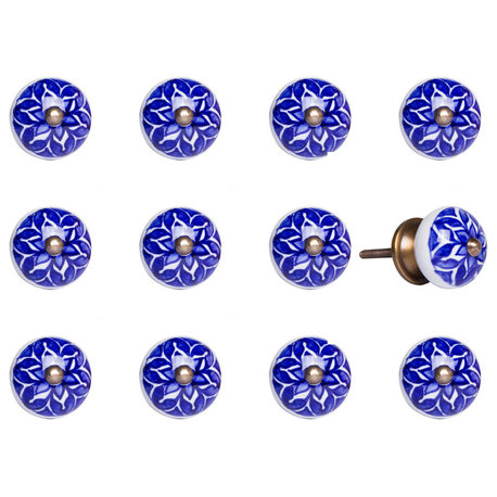 Knob-It Vintage Handpainted Ceramic Knobs, Set of 12, Blue and White