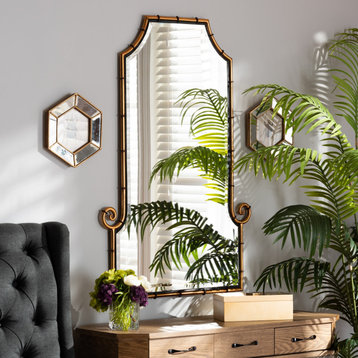 Hollywood Regency Style Gold Finished Metal Bamboo Inspired Accent Wall Mirror