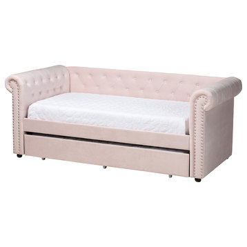 Janelle Contemporary Velvet Upholstered Daybed With Trundle, Light Pink
