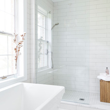 Bathroom With Bench and Crosshatch Tiles