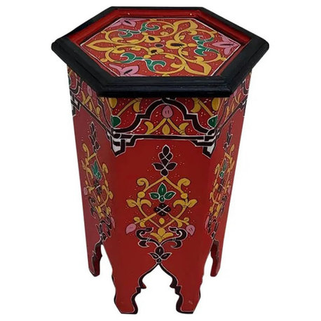 Moroccan Hexagonal Hand Painted Wooden Side Table in Red Zouak