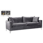 Meridian Furniture - Naomi Velvet Upholstered Sofa, Gray - Curl up with a good book from the welcoming confines of this Naomi Grey Velvet Sofa. The color of this sofa adds a bold touch to your decor and shakes up otherwise neutral color schemes. Plush velvet material feels cozy and comfortable against your skin, while deep seat cushions provide lots of room for you to stretch your legs. This sofa comes with both gold and chrome legs, so you can customize its look to meet your decor plans. Pillows are included for added homey warmth and comfort.
