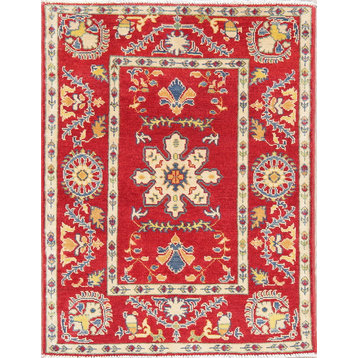 Pakistani Oriental Kazak Traditional Wool Handmade Area Rug, Red, 4'2"X2'9"