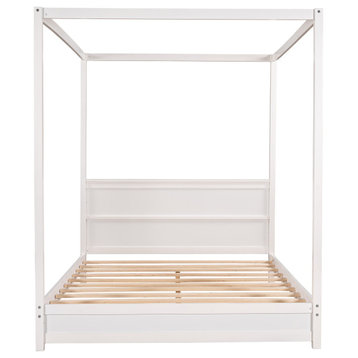 Gewnee Queen Size Canopy Platform Bed with Headboard and Support Legs in White