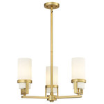 Innovations Lighting - Utopia 3 Light 8" Stem Hung Pendant, Brushed Brass, Matte White Glass - Modern and geometric design elements give the Utopia Collection a striking presence. This gorgeous fixture features a sharply squared off frame, softened by a round glass holder that secures a cylindrical glass shade.