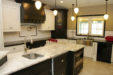 Example of a huge classic u-shaped travertine floor and beige floor enclosed kitchen design in Phoenix with a farmhouse sink, beaded inset cabinets, white cabinets, quartzite countertops, white backsplash, subway tile backsplash, stainless steel appliances and an island