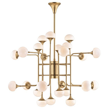 Fleming 24-Light Chandelier - Aged Brass Finish with Opal Glossy Glass