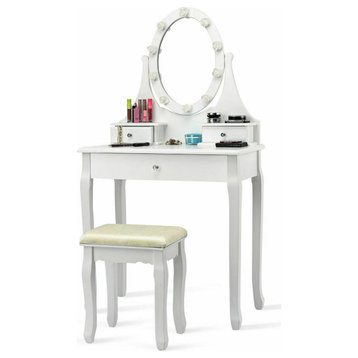 Costway 3 Drawers Bedroom Vanity Makeup Dressing Table Stool Set Lighted Mirror