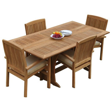 5-Piece Outdoor Teak Dining  Set: 69" Folding Table, 4 Wave Stacking Arm Chairs
