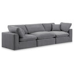 Meridian Furniture - Comfy Upholstered Modular Sofa, Grey, 3-Piece: 1 Armless Chair, 2 Corner Chair, Velvet - Give your space a whole new look with this grey Comfy velvet sofa. This handsome sofa fits nicely with other items in the Comfy collection and is a versatile seating option designed for adaptability, comfort and style. Wrapped in rich grey durable velvet upholstery, this sofa offers a plush embrace of overstuffed down feather cushions, carefully crafted to deliver the highest level of comfort. The perfect seat for creating an oasis for relaxation, this sofa has thick foam surrounding its frame for added support and coziness.