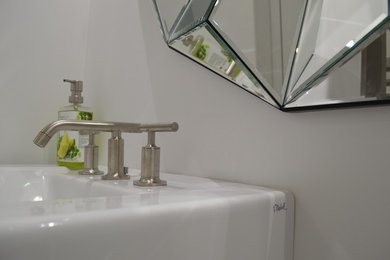 Small trendy 3/4 white tile and porcelain tile porcelain tile bathroom photo in San Diego with a pedestal sink, a two-piece toilet and white walls