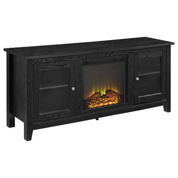 Wide Entertainment Center, 2 Glass Doors and Electric Fireplace, Black