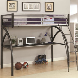 BLACK AND SLIVER TWIN WORKSTATION LOFT BED WITH DESK AND CURVED LADDER - Kids Beds