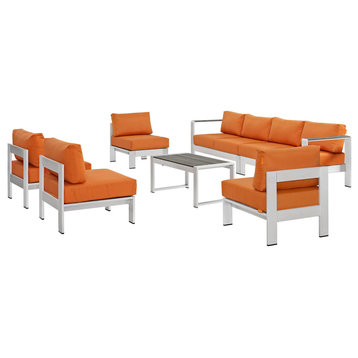 Shore 7-Piece Outdoor Aluminum Sectional Sofa Set, Silver Orange