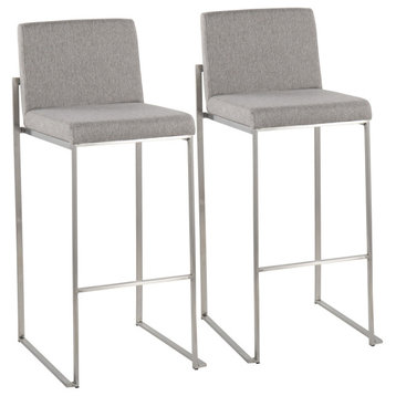 Fuji High Back Barstool, Set of 2, Stainless Steel, Gray Fabric