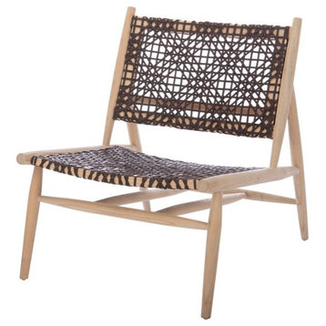 Contemporary Accent Chair, Teak Frame & Woven Leather Seat, Natural/Brown