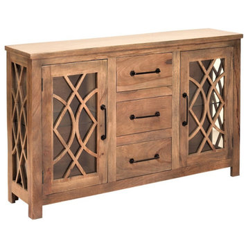 64" Slim Natural Color Rustic Curio Buffet With Trellis Glass Doors and Drawers