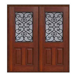 Prehung Double Door 80 Fiberglass Palermo 2 Panel 1/2 Lite GBG Glass - Front Doors