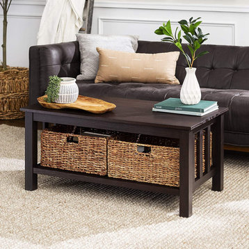 Classic Coffee Table, MDF Frame With Slatted Sides & 2 Rattan Baskets, Espresso