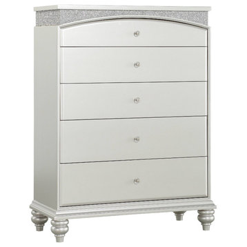 Contemporary Dresser, Glittering Accent & Drawers With Crystal Like Knobs, White