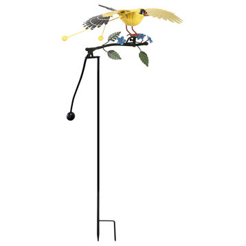 Metal Rocking Flying Goldfinch Rustic Balancing Garden Stake Wind Sculpture