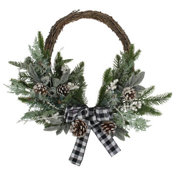 23" Iced Winter Foliage Artificial Christmas Twig Wreath With Black Bow Unlit