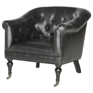 Traditional Armchair, Turned Legs With Faux Leather Seat & Button Tufting, Black