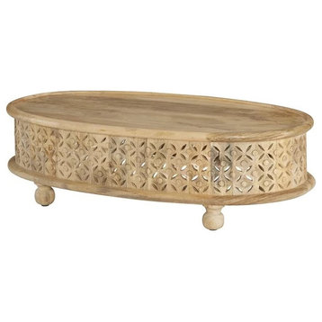 Unique Oval Coffee Table, Mango Wood Construction With Lattice Carving, Natural