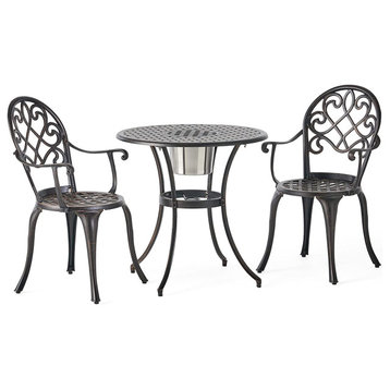 3 Pieces Patio Bistro Set, Aluminum Chairs & Round Table With Ice Bucket, Copper