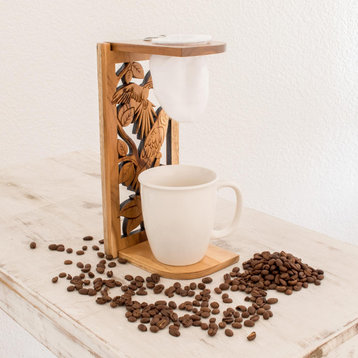Novica Handmade Macaw Beverage Teak Wood Single-Serve Drip Coffee Stand