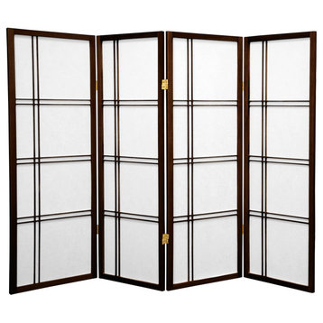 Elegant 4 Panels Room Divider, Double Crossed Accented Rice Paper Shades, Walnut