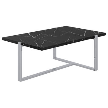 Granite and Paper Veneer and Metal Rectangular Coffee Table, Black and Silver