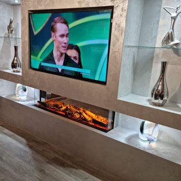 Mediawall Display - Large Alcoves, Electric Fireplace, Silver Textured Paint