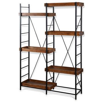 Tri Industrial Bookcase Black Metal Finish With Mahogany Wood
