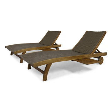 Kimberley Outdoor Wicker and Wood Chaise Lounge with Pull-Out Tray, Set of 2